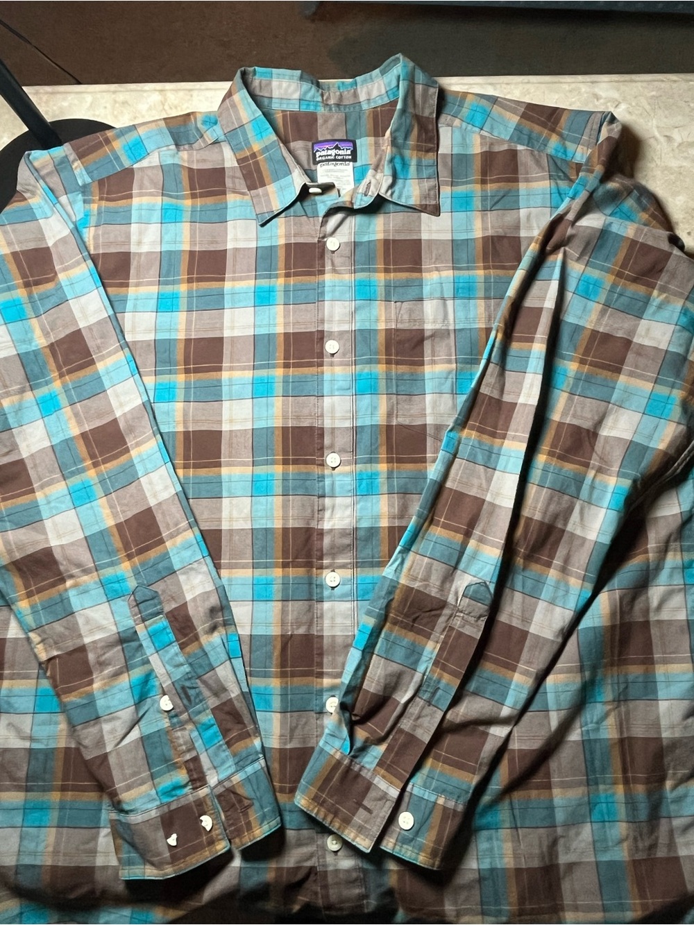 Patagonia Men's Brown, Blue & Cream Plaid Button-Down Shirt